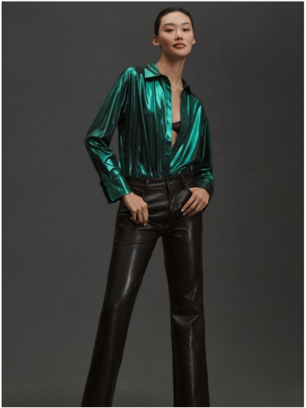Women's Anthropologie Metallic Green Button Down Shirt Size m